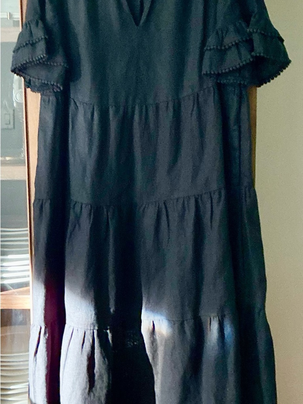 Chico's Black Tiered Maxi Dress with Ruffle Sleeves